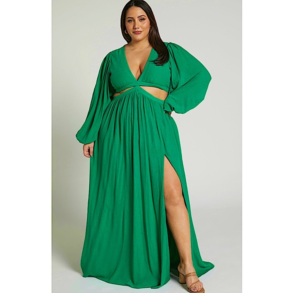 SHOWPO Paige Maxi Dress - Side Cut Out Balloon Sleeve Dress In Green 12